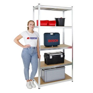 Verzinktes PROREGAL Schwerlastregal Giant Ragnar mit 5 Böden, beladen mit Werkzeugkisten.