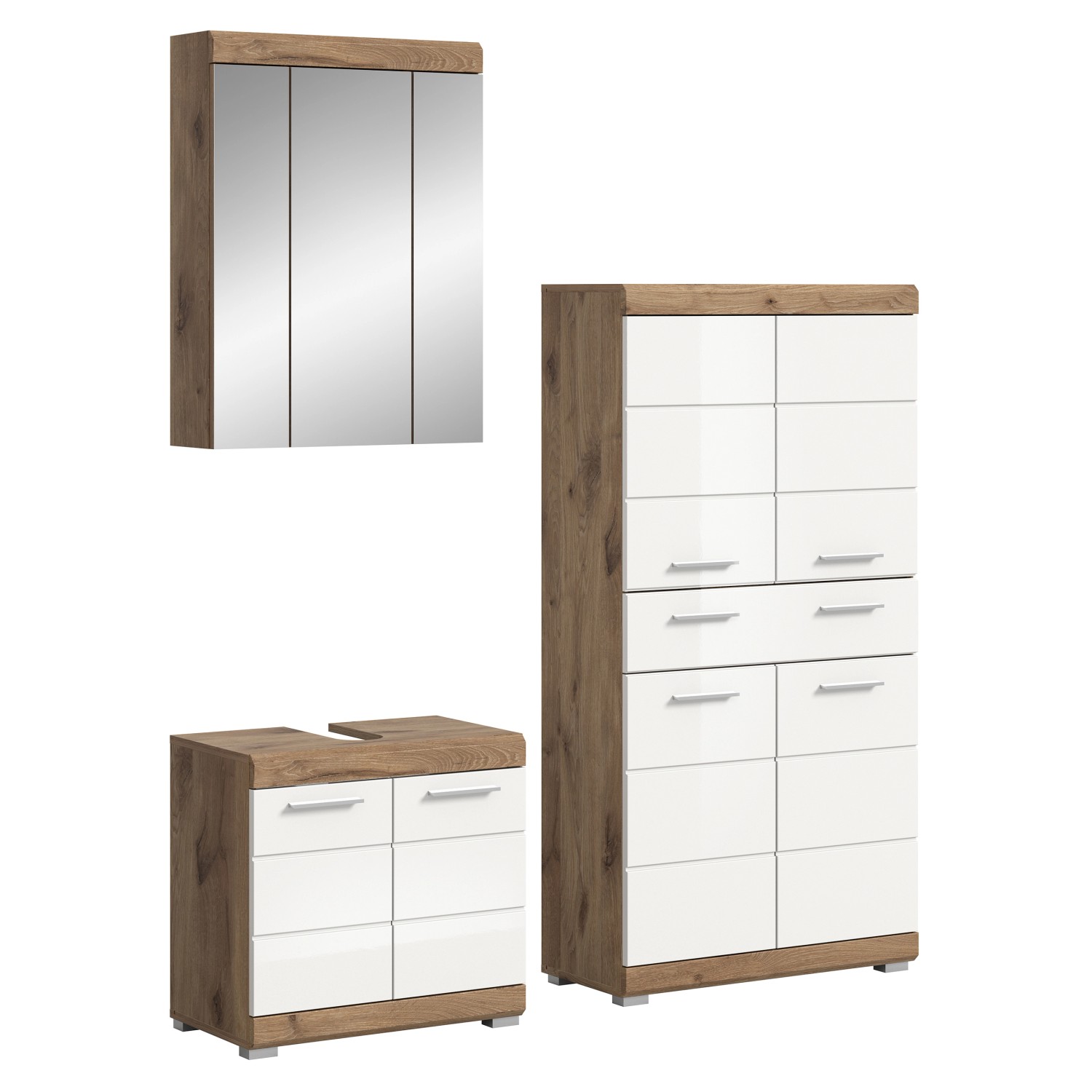 Badkombination Wave m. Standschrank Weiß Hochglanz/Nox Oak 149 cm 3-tlg. günstig online kaufen