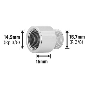 Verchromte Hahnverlängerung aus Messing, 14,9 mm x 16,7 mm, 15 mm lang.