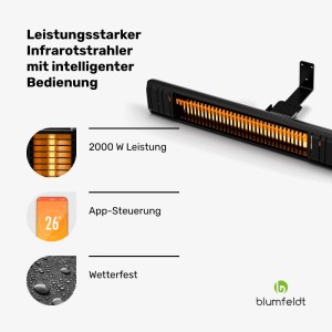 Schwarzer Blumfeldt Gold Bar Slim 2000W Terrassenheizstrahler mit WiFi und Fernbedienung.