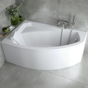 Weiße KOLMAN Acryl-Eckbadewanne 160x100 cm links mit Ablauf und integrierter Rückenlehne im Bad.