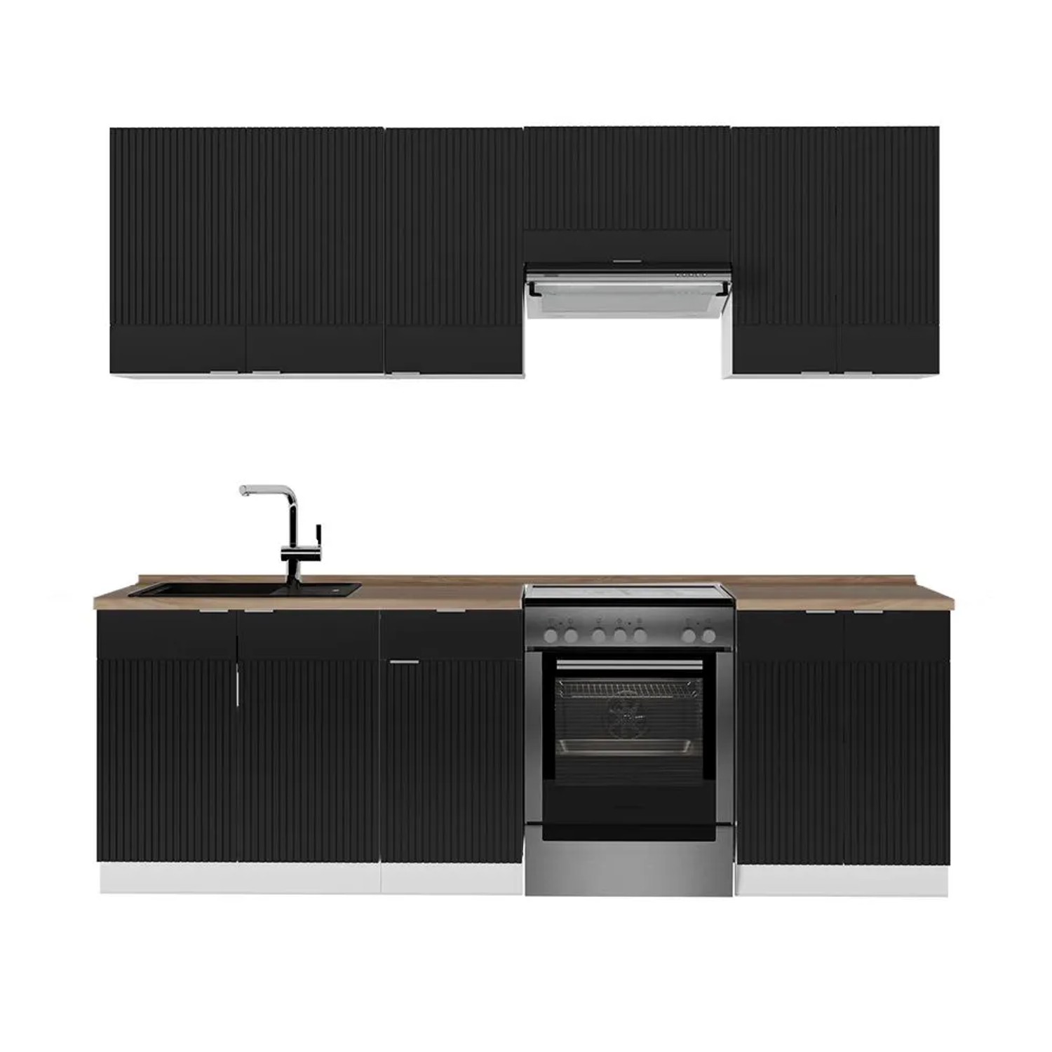 Vicco Fame-Line Küchenzeile Schwarz Gestreift Weiß 240 cm AP Eiche ohne E-Geräte