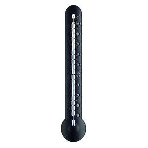 Schwarzes TFA Innen-Außen-Thermometer aus Kunststoff mit gut lesbarer Skala.