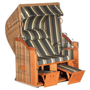 Natur24 Strandkorb Classic Halbliegemodell, 2-Sitzer in Naturoptik mit Streifenmuster.