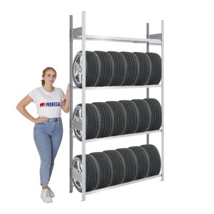 PROREGAL Reifenregal mit 4 Ebenen, beladen mit Reifen. Ideal zur Reifenlagerung in Garage oder Keller.