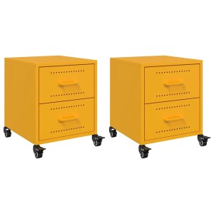 Zwei senfgelbe vidaXL Nachttische aus Stahl mit je zwei Schubladen und Rollen.