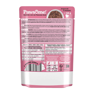 Pawsome Katzen-Nassfutter Adult Light Pute, 85g Packung mit Futterstückchen in Sauce.