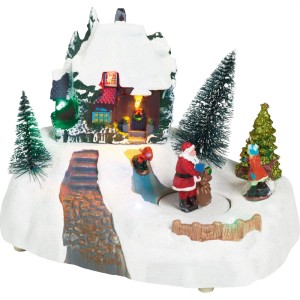 Beleuchtete OBI Weihnachtsdorf Figur: verschneites Haus, Bäume, beweglicher Weihnachtsmann. Festliche Weihnachtsdekoration.