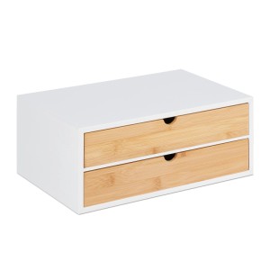 Relaxdays Schubladenbox Bambus MDF Weiß Natur 2 Fächer 14 cm x 33 cm x 21 cm 2,2 kg
