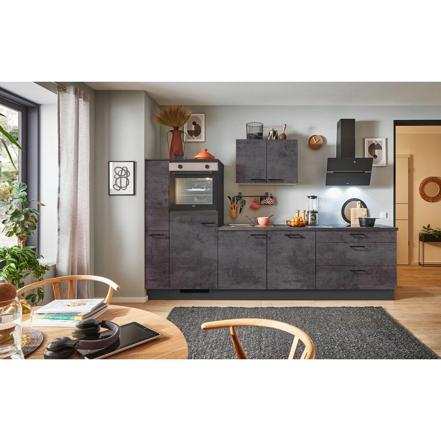 pino Küchenzeile 300cm Beton Grafitgrau Anschlag L 1 Geräte-, 1 Apothekersc günstig online kaufen