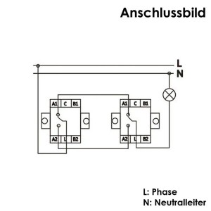 Anschlussbild für ChiliTec Feuchtraum Wechselschalter IP44, mit Phasen- und Neutralleiter.