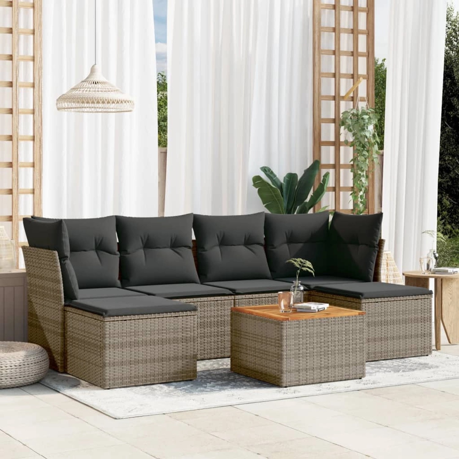 Graue 7-tlg. vidaXL Garten-Sofagarnitur aus Polyrattan mit Kissen und Tisch.