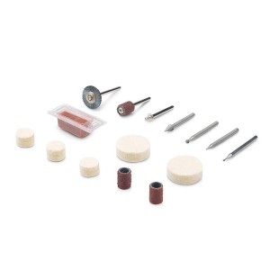 Dremel Zubehör-Set für Multifunktionswerkzeuge: Polierfilze, Schleifbänder, Gravierfräser, Drahtbürste und Polierpaste.