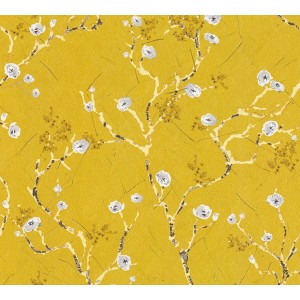 A.S. Création Vliestapete Kirschblüten in Gelb und Grau mit floralem Muster.