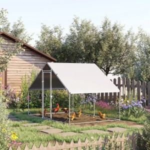 PawHut Hühnerstall aus Stahl und Kunststoff in Silber/Grau, 300x200x200cm, mit Hühnern im Garten.