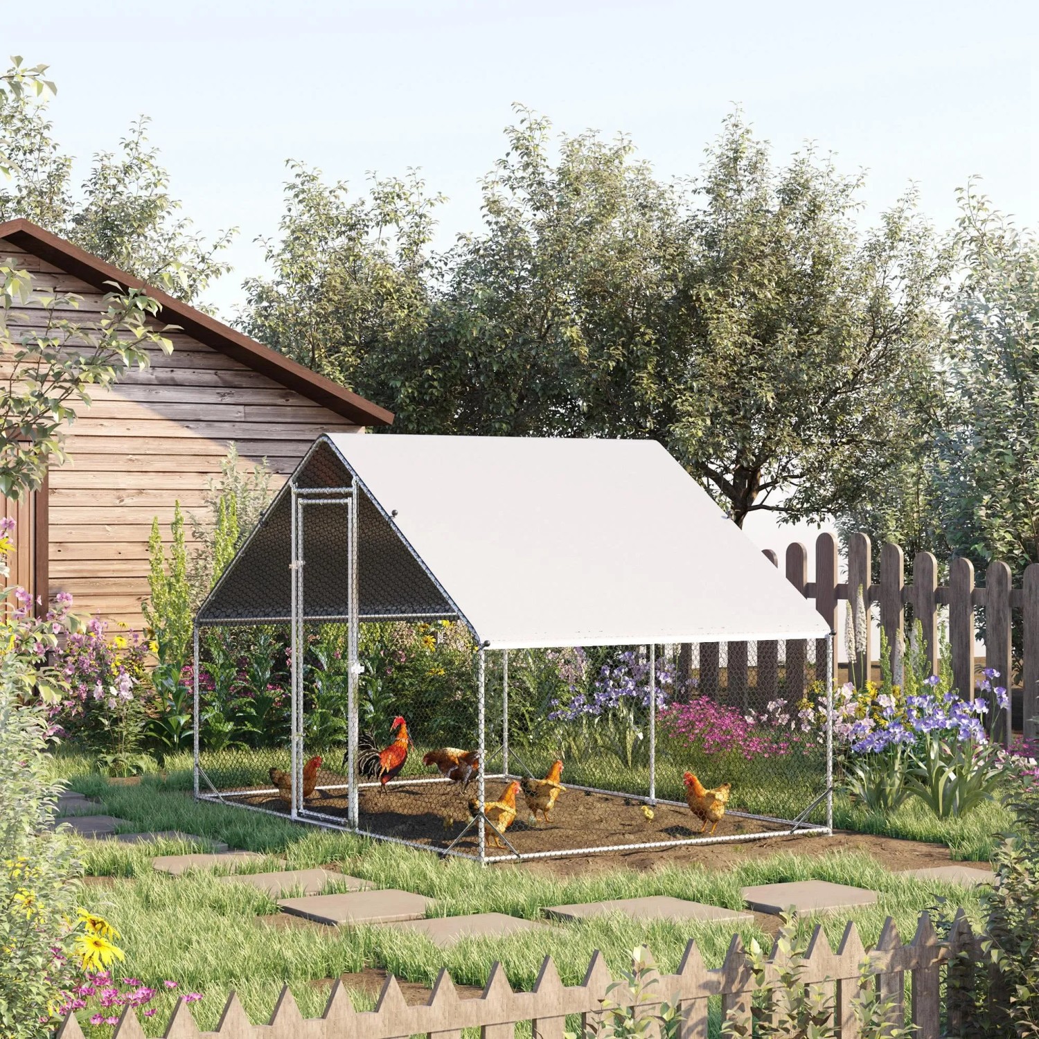 PawHut Hühnerstall aus Stahl und Kunststoff in Silber/Grau, 300x200x200cm, mit Hühnern im Garten.