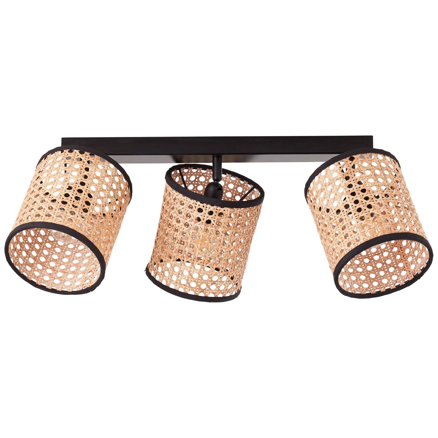 Schwarze Brilliant Deckenleuchte Wiley mit drei Rattan-Lampenschirmen.