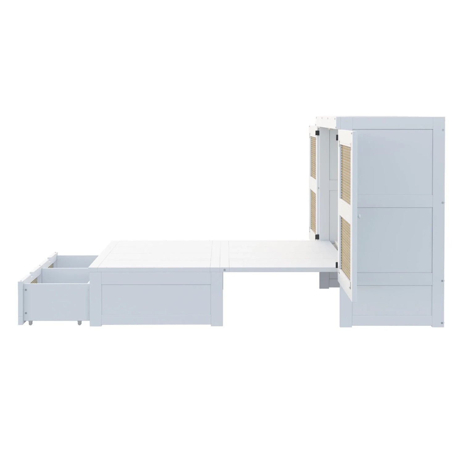 Weißes Merax Schrankbett 140x200cm, ausgeklappt, mit Stauraum-Schublade und Rattantüren.