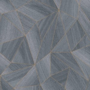 Grafische Vliestapete in Grau mit goldenen Linien und Dreiecksmuster. Moderne, dekorative Tapete mit Holzoptik.