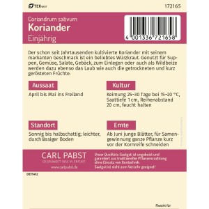 Pabst Keimkraft Koriander Saatgut, einjährig und feinwürzig. Verpackung mit Infos zu Aussaat und Ernte.