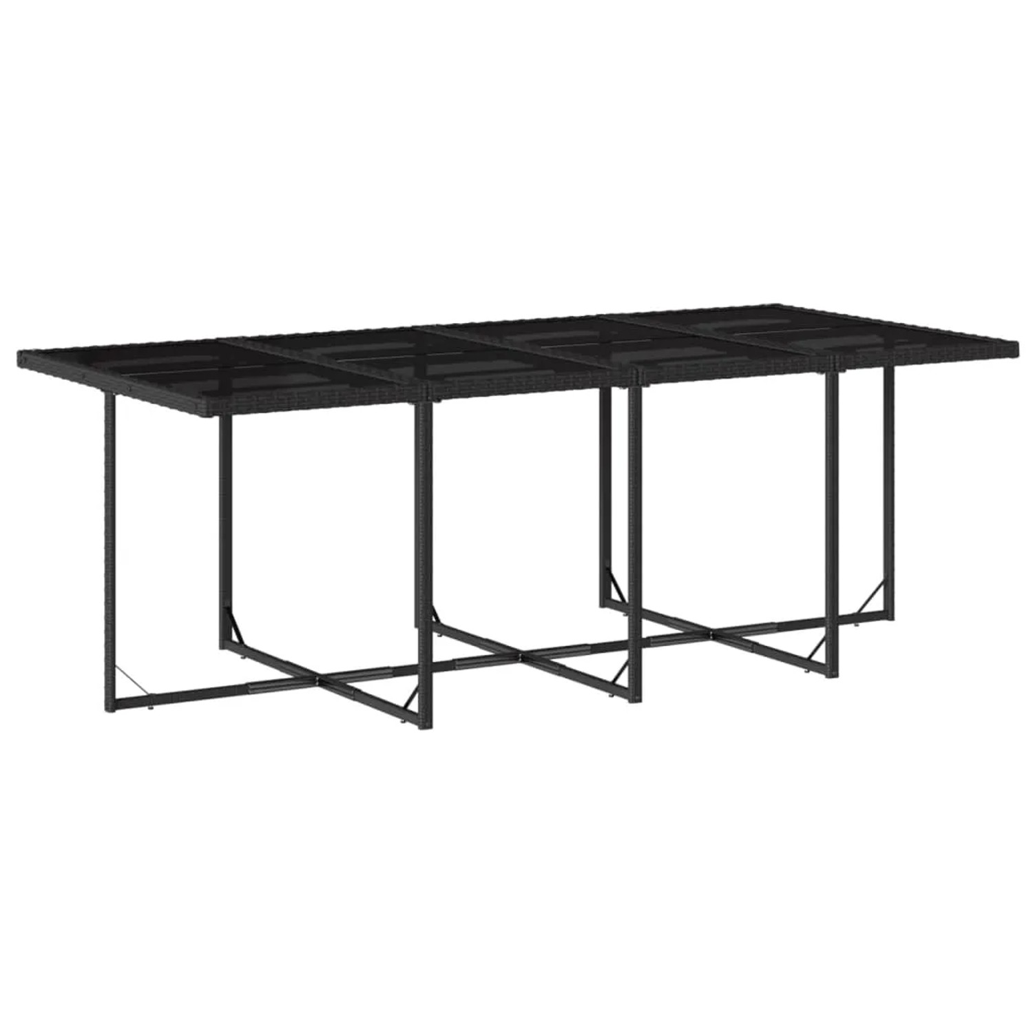 Schwarze vidaXL Garten-Essgruppe aus Rattan, 13-teilig, mit Tisch, Stühlen, Hockern und Kissen.