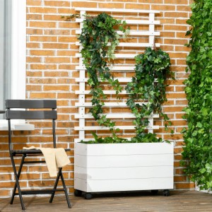 Outsunny Hochbeet weiß aus Tannenholz mit Spalier, bepflanzt, auf Rollen für Garten & Terrasse.