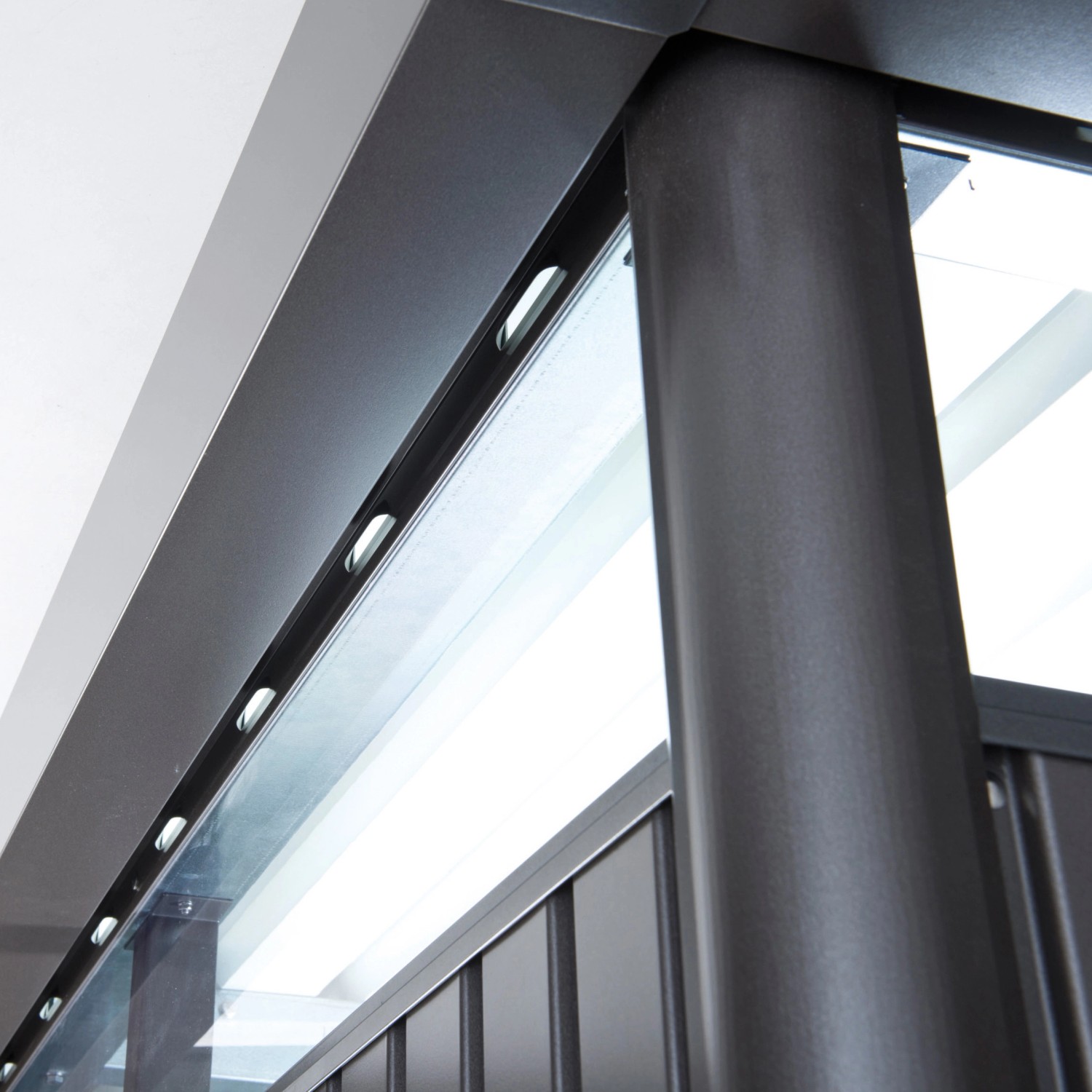 Detailansicht: Biohort HighLine Gerätehaus in Silber-Metallic, Oberlichter und Stahlkonstruktion.