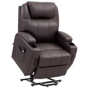 HOMCOM Fernsehsessel mit Aufstehhilfe, braunes Kunstleder, mit Getränkehalter und Fernbedienung.