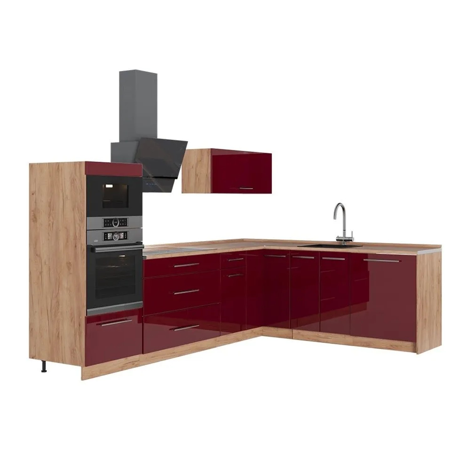 Vicco Eckküche Fame-Line Bordeaux Hochglanz/Goldkraft Eiche 287 x 154 AP Eiche Art Nr 63510