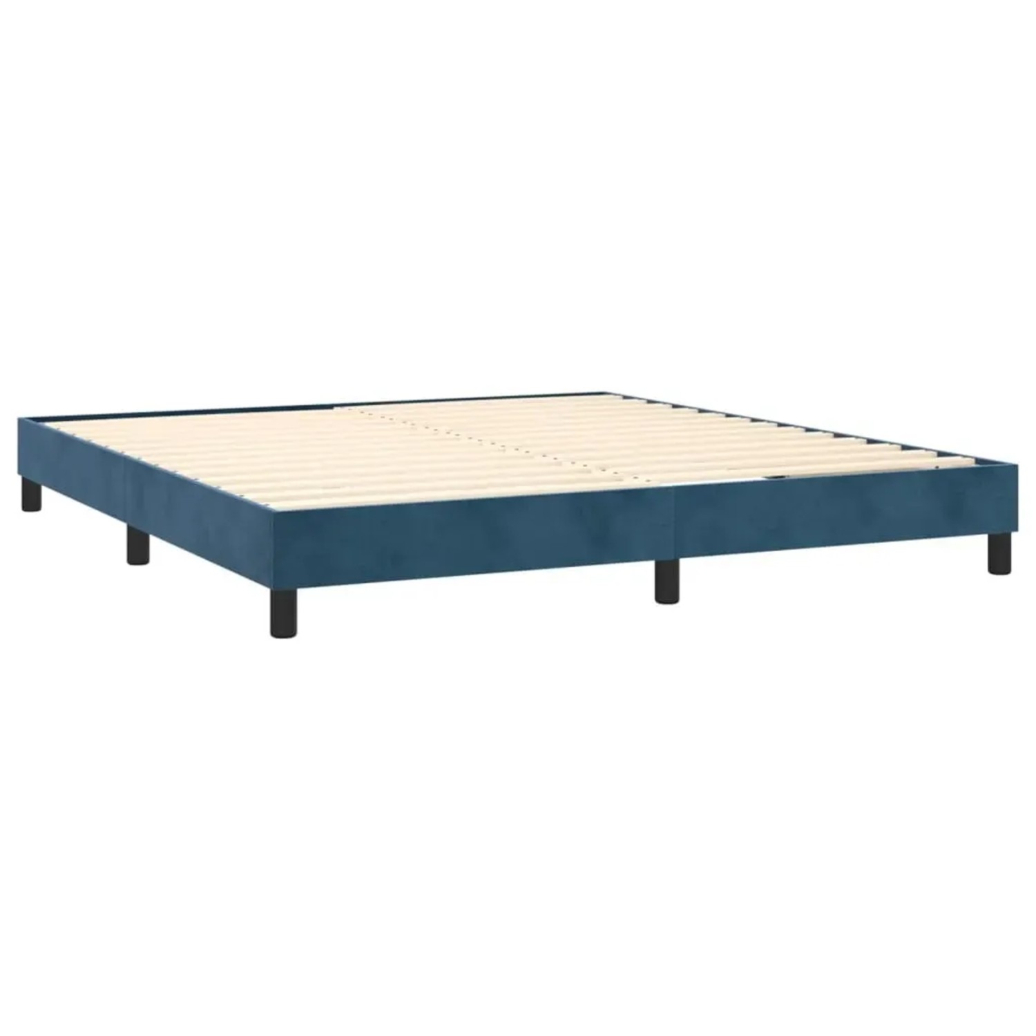 Dunkelblaues Boxspringbett (160x200 cm) mit Samtbezug und Holzlattenrost.