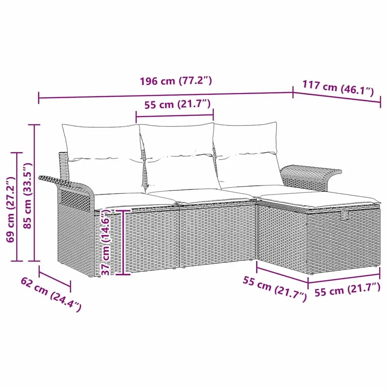 Graues 4-tlg. vidaXL Garten-Sofa-Set aus Polyrattan mit Kissen und Stauraum. Abmessungen sichtbar.