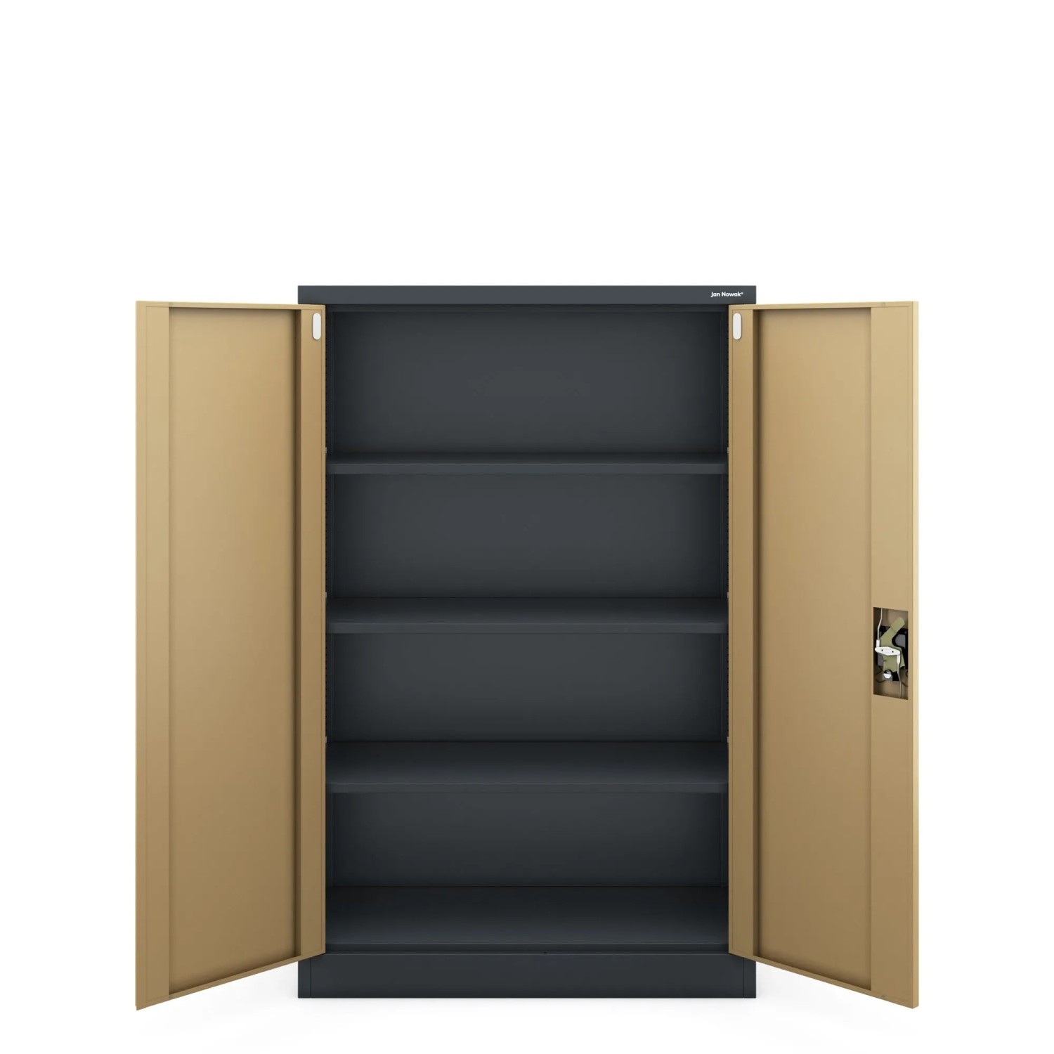 JAN NOWAK Büroschrank KEVIN, 140x90x40 cm, anthrazit/nussbaum, mit offenen Türen und drei Einlegeböden.