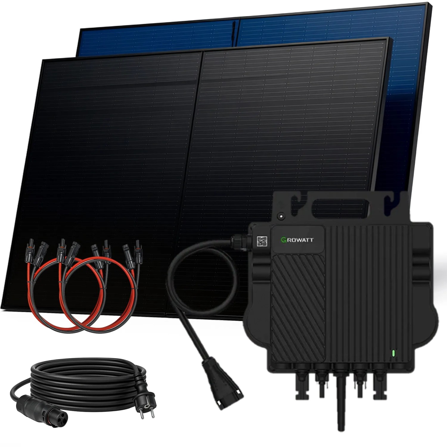 SUNNIVA Balkonkraftwerk 1000 W mit Growatt 800 W Wechselrichter inkl.5m Kabel 2x 500 W Solarmodule Bifazial Fullblack Glas-Glas