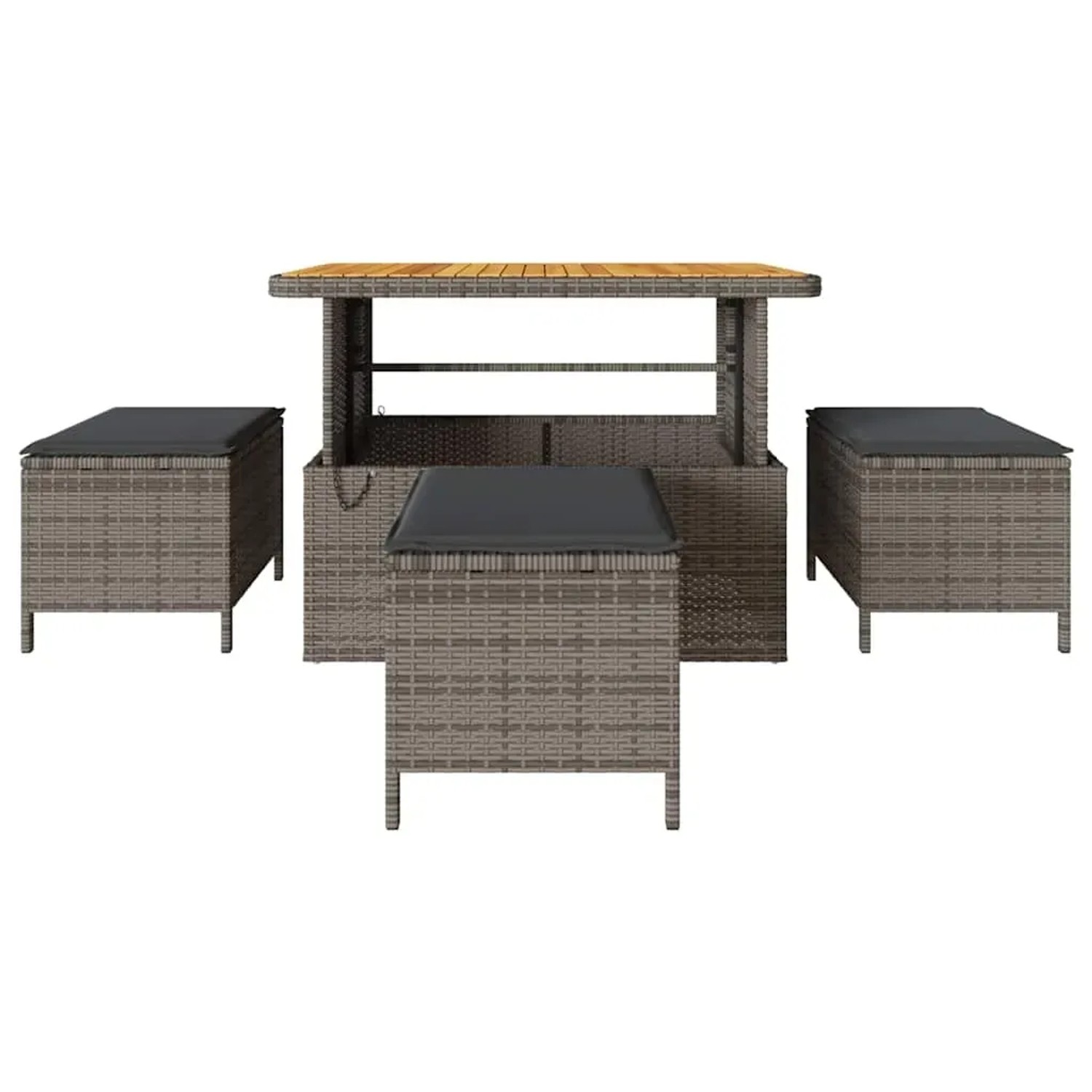 Graue vidaXL Garten Essgruppe, 4-teilig, aus Poly Rattan mit Tisch und Hockern.