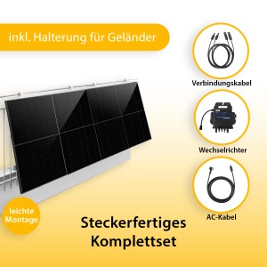 Vale Balkonkraftwerk 830W Full Black mit Solarmodulen, Wechselrichter und Kabeln am Balkongeländer.