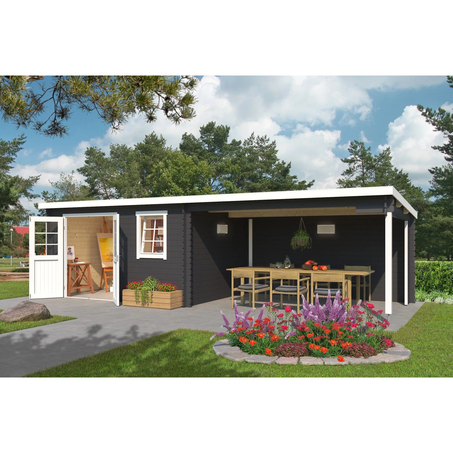 Lasita Holz-Gartenhaus Reno Flachdach Carbongrau Lasiert 760 cm x 275 cm