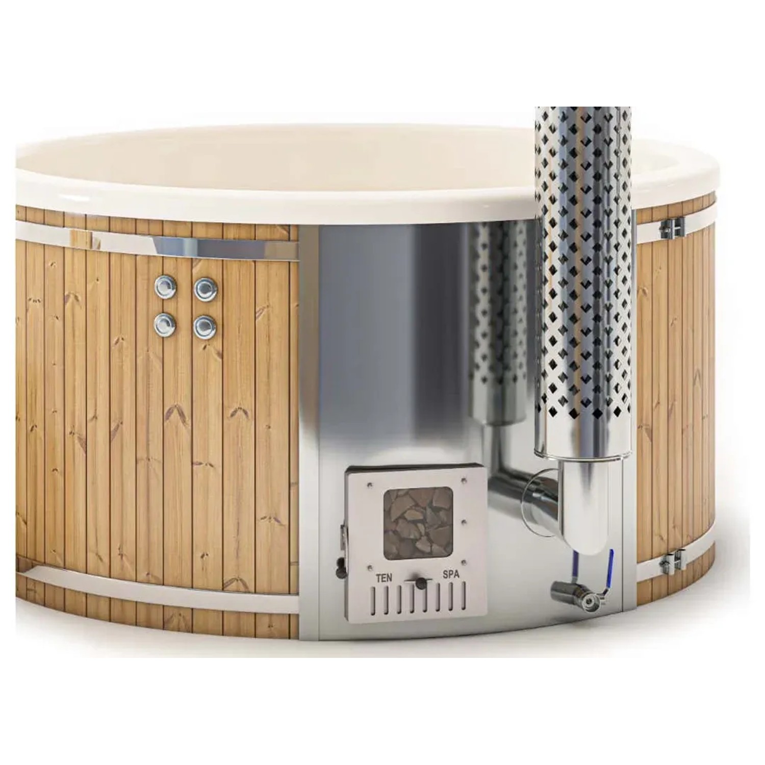 Finntherm Hot Tub Stockholm Spa Edition, cremeweiß, Ø 200 cm, Detailansicht der Holzverkleidung und des Ofens.