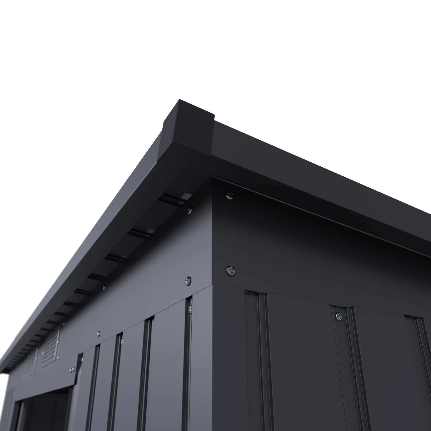Detailaufnahme: Dunkelgrauer Juskys Metall Geräteschuppen mit Pultdach. Gartenhaus mit Stahlelementen.