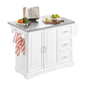 Weißer Küchenwagen mit Edelstahlplatte, Schubladen und Schrank für Küche oder Esszimmer.