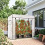 Weißes Foliengewächshaus mit Tomatenpflanzen auf Terrasse. Rolltür, Fenster, stabil für Garten & Balkon.