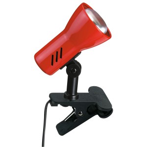 Roter Briloner Klemmspot Lock mit schwarzer Klemme. Flexible Leselampe für E14 Leuchtmittel.