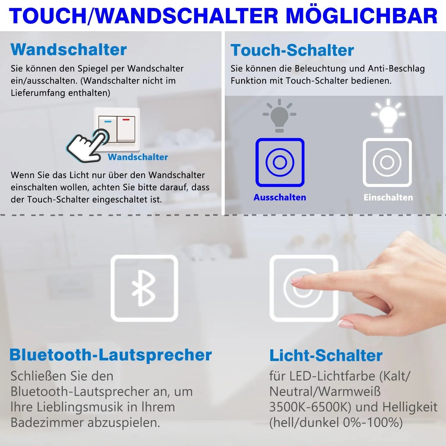 Funktionen des Badspiegels: Wand-, Touchschalter, Bluetooth-Lautsprecher und Lichtschalter für LED-Farbe.