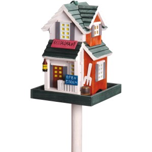 Buntes Western-Vogelhaus Restaurant aus Kiefernholz, 18x18x23cm, mit Ständer.