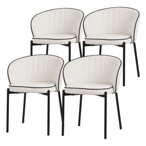 4er Set Esszimmerstühle beige mit Stoffbezug, gepolsterter Rückenlehne und schwarzen Metallbeinen. Modernes Design.