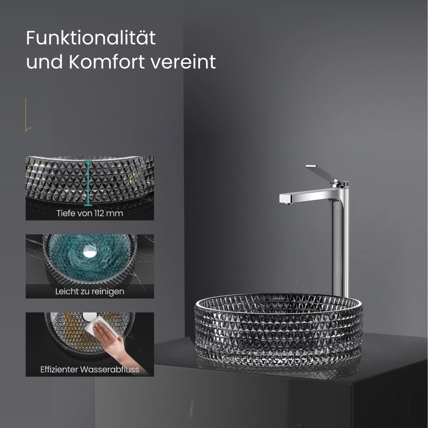 Rundes Emke Aufsatzwaschbecken aus schwarzem Glas mit Armatur, modernes Design für Bad und Gästetoilette.