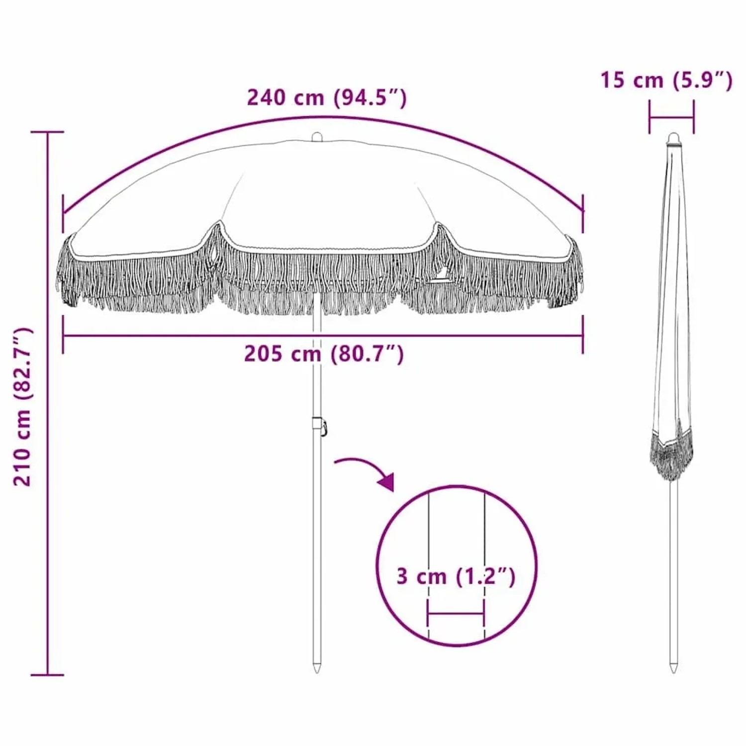 Skizze Sonnenschirm Grau-Weiß vidaXL, Ø 205 cm, mit Maßen. Ideal für Garten und Terrasse.