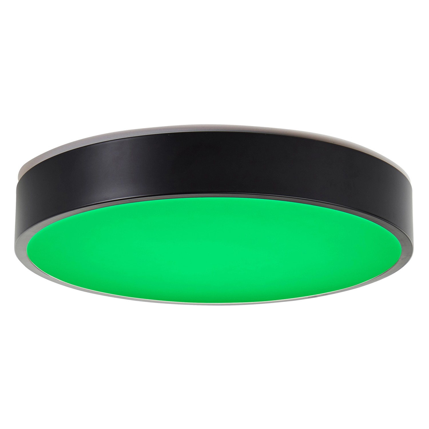 Smarte LED-Deckenleuchte Vadin, schwarz/weiß, mit grüner Beleuchtung.