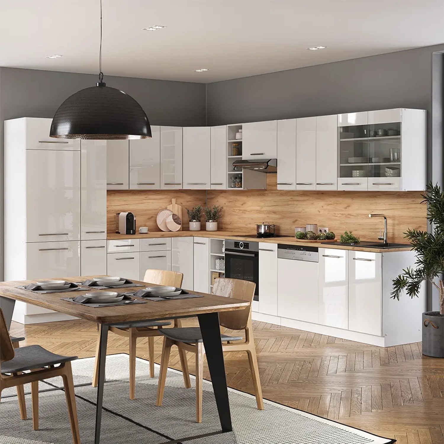 Moderne Vicco Fame-Line Eckküche in Weiß Hochglanz/Weiß (347x257 cm) ohne Arbeitsplatte.