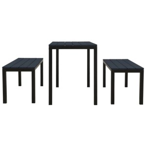 vidaXL Garten-Essgruppe, 3-teilig, Stahl/WPC, schwarz. Tisch mit zwei Bänken für den Garten.