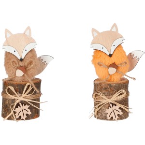 House of Seasons: Zwei Deko-Füchse aus Filz auf Holzsockel, braun und orange.